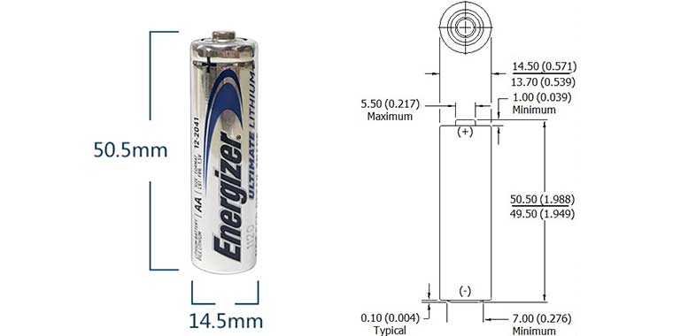 劲量L91/AA/FR6 1.5V 5号圆柱锂/硫化铁一次电池行业标准尺寸